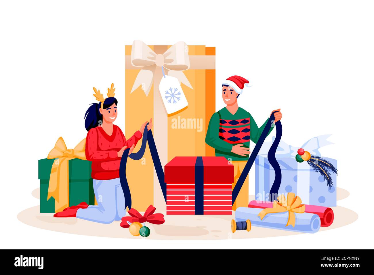Junges Paar in Urlaub Kostüme Verpackung Weihnachtsgeschenke. Glückliche Familie, die sich auf die Neujahrsfeier vorbereitet. Vektor flache Cartoon-Figuren Illustration. Stock Vektor
