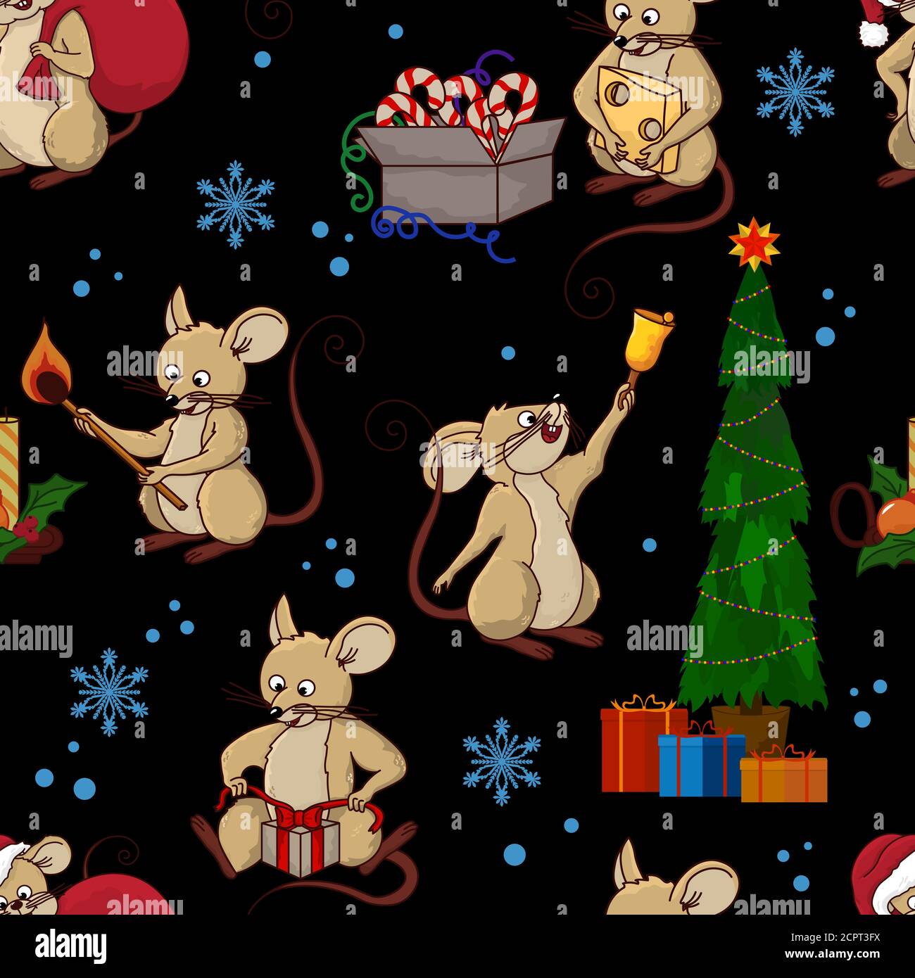 Nahtlose Vektor-Illustration von niedlichen Maus-Charakter klingelt die Glocke auf türkisfarbenem Hintergrund. Vektor Cartoon Stock Illustration.Winterurlaub, Chris Stock Vektor