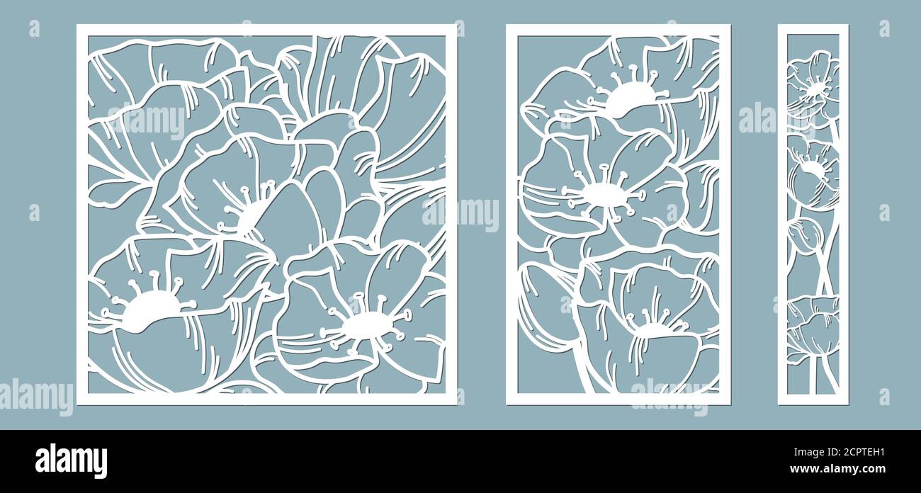 Schablone für Laserschneiden und Plotter. Blumen, Blätter, Blumenstrauß zur Dekoration. Vektor-Illustration. poppy Blume. Plotter und Siebdruck. Serig Stock Vektor