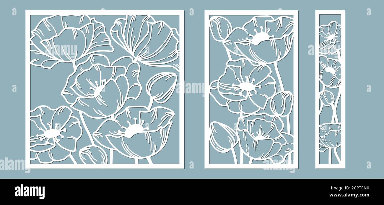 Schablone für Laserschneiden und Plotter. Blumen, Blätter, Blumenstrauß zur Dekoration. Vektor-Illustration. poppy Blume. Plotter und Siebdruck. Serig Stock Vektor