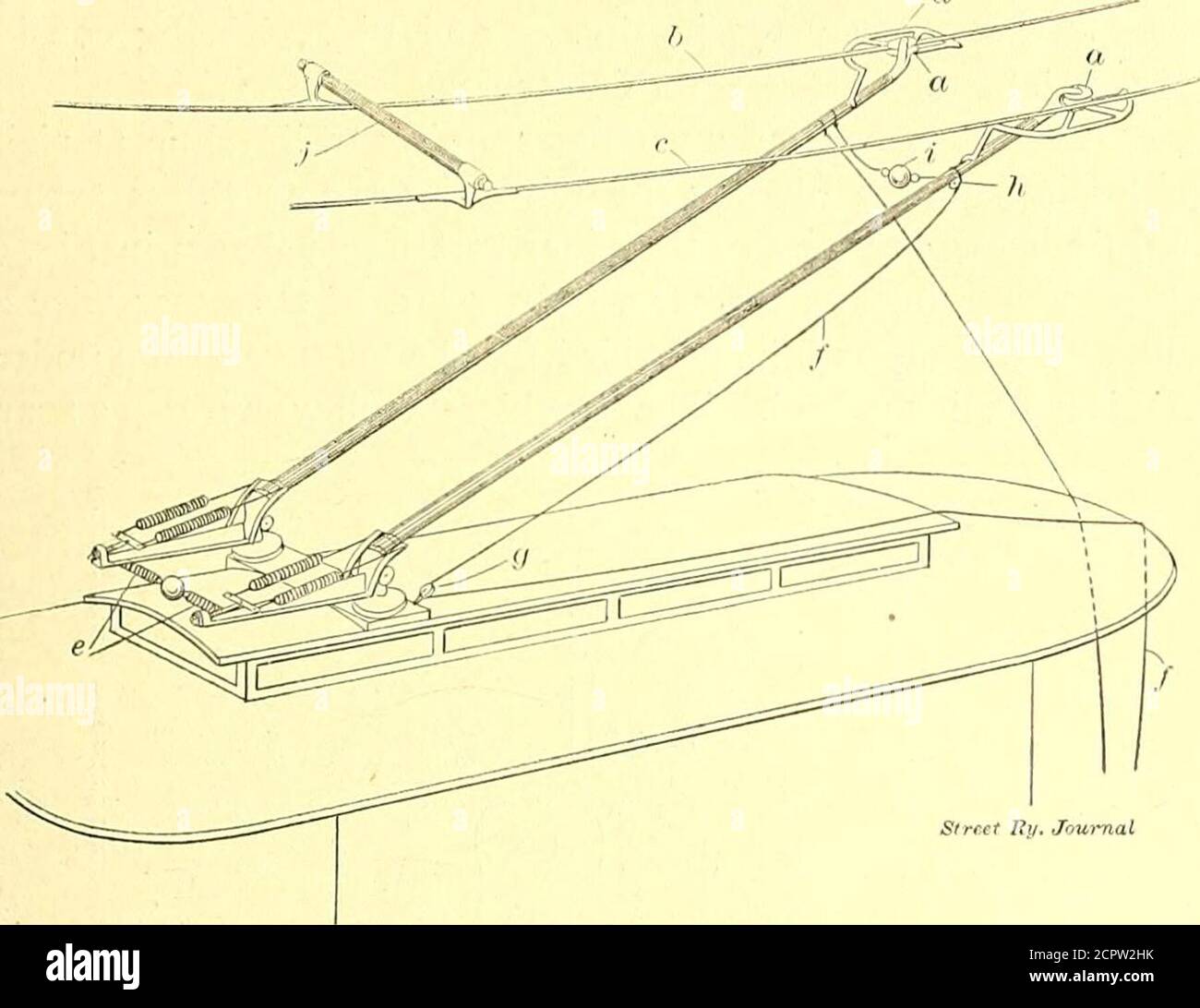 . Die Straßenbahn Zeitschrift . IRACKLESS TROLLEY OMNIBUS 14. NOVEMBER 1903.] STREET RAILWAY JOURNAL 885 sein Weg durch verstopfte Durchgangsstraßen mit allen Trolley-Räder überfüllt sind daran gehindert, aus den Drähten Arten von Fahrzeugen so leicht wie mit jedem anderen getan werden könnte, während der Bus in Bewegung ist durch die Führer oder Wachen (d), Art der gewöhnlichen Beförderung. Deren Form ist deutlich durch Abb. 3, die auch illus- die mechanischen Design und Konstruktionsmerkmale der trates, wie die Schutzvorrichtungen dienen, um das Trolley-Rad des Systems zu führen sind im Detail in der Beilage dargestellt Stockfoto
