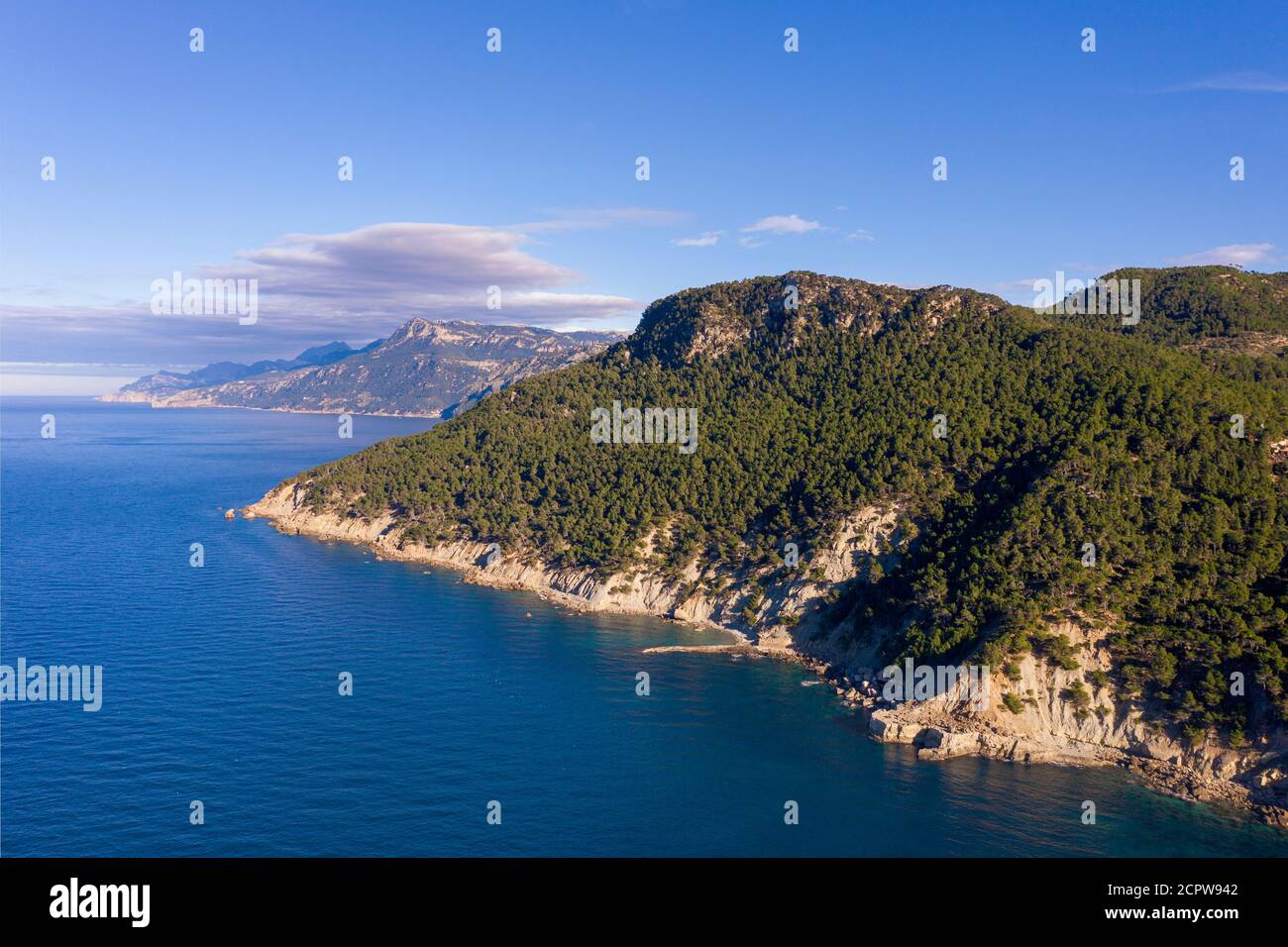 Puig de ses Planes in der Nähe von Banyalbufar, Serra de Tramuntana, Luftbild, Mallorca, Balearen, Spanien Stockfoto