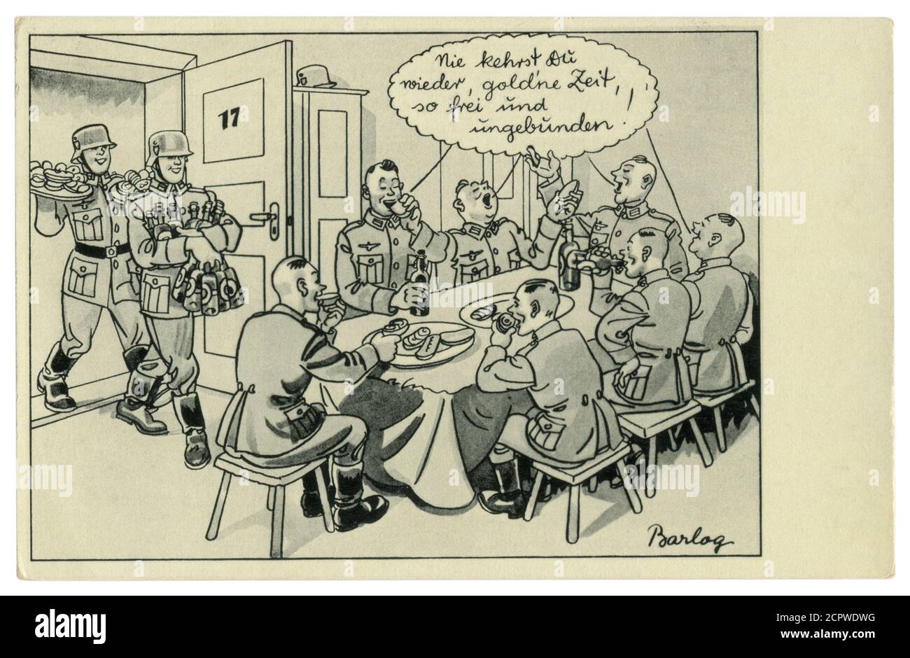 Deutsche historische Postkarte: Festmahl in der Kaserne. Soldaten tragen Bier und Snacks. Feiern am Tisch, satirische Serie, von Barlog, Deutschland, 1939 Stockfoto