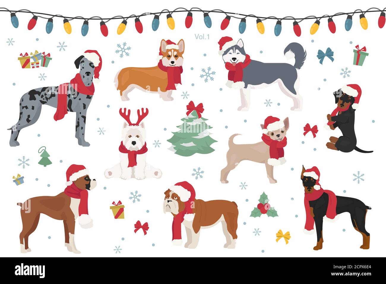 Hund Zeichen in Santa Hüte und Schals. Weihnachtsdesign. Vektorgrafik Stock Vektor