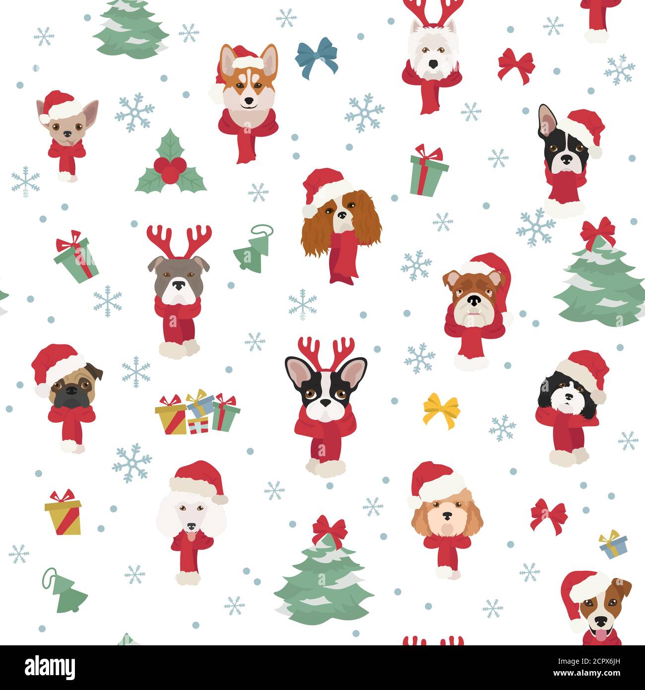 Hundeporträts in Weihnachtsmützen und Schals. Weihnachten Urlaub nahtlose Muster. Vektorgrafik Stock Vektor