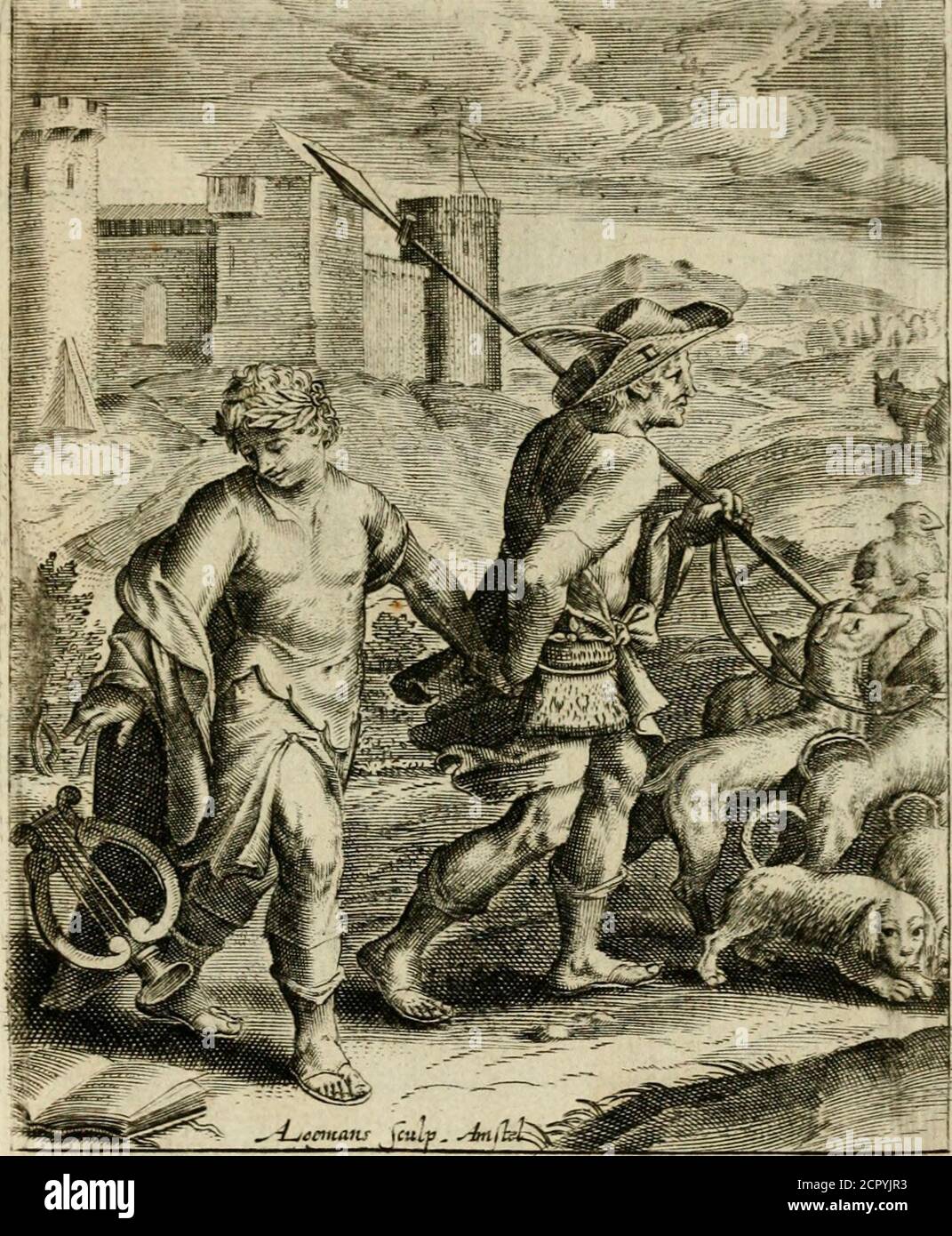 . Zinnebeelden, getrokken uit Horatius Flaccus . cm &gt; J- ^^^ ^^^ laudabis fludia, aut aliéna reprendes :Nee, ciim venari volet ille, poëmata panges.Gratia fic fratrum geminorum Amphionis atqueZedii diffiluit: Donec fufpec^a feveroConricuit lyra. Fraternis cefTifTe putaturMoribus Amphion. Virgil. I.Aneid. Ipfe uno graditur comitatus Achate. 68. EENSGEZINTHEYT MAEKT VRiENDSCHAPc DAT censgezinteit Liefde baert,Lact Zethus en Amfion blijken: Dees wraekt zijn harp, naer kunfl gefnaert,-Om beter Zethus te gelijken die tot het sagen was gezint.Zoo zal veend, taps t teken. Beminnen Stockfoto