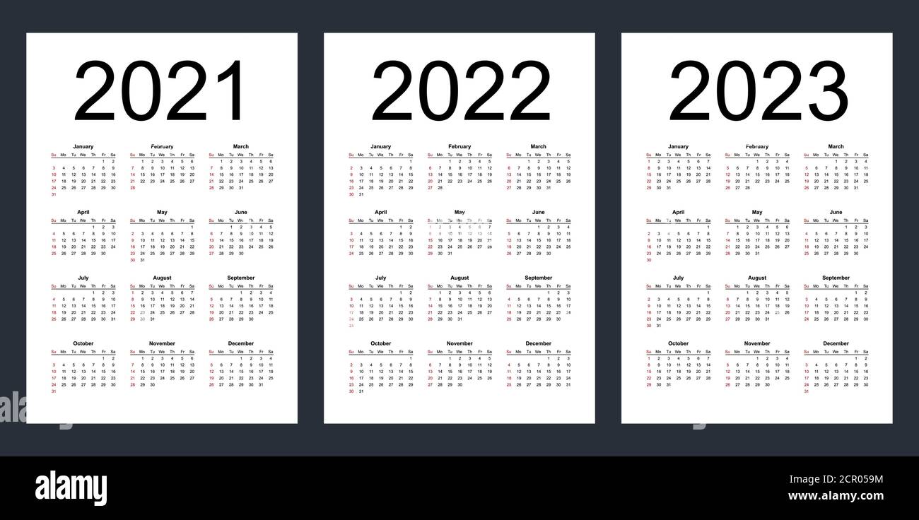 Einfache editierbare Vektorkalender für die Jahre 2021, 2022, 2023. Woche beginnt ab Sonntag. Vertikal. Isolierte Abbildung. Stock Vektor