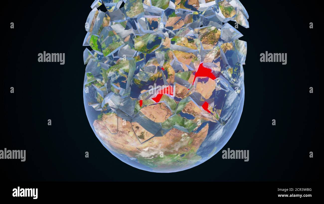 3d-Rendering des virtuellen Hintergrunds. Computergenerierte Zerstörungen des Planeten Erde in Scherben. Elemente dieses Bildes werden von der NASA präsentiert Stockfoto