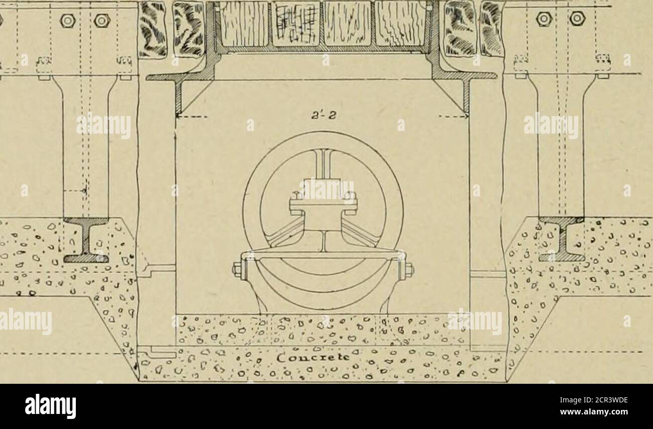 . Die Straßenbahn Überprüfung . ^ . o. o^, -^ O / .: J :   V». SEITLICHE HEBUNG RIEMENSCHEIBE GRUBE. Wurde dann in die Wände der Leitung und foundationfür Trägerschienen zu bilden gesetzt. Diese wurden direkt auf dieses Betonfundament gelegt, unter einen Flansch mit feinem Beton gepackt und durch kurze Zuganker an die Netze der Joche gebunden. Dies wird deutlich im Schnitt des Streckenquerschnitts dargestellt. Die Linie zwischen den Schienen und 18 Zoll außerhalb Gleisschienen, ist mit Derbyshire Körnung Setts gepflastert, 5 Zoll tief und 4 bis 5 Zoll breit, und verfugt mit Zementfugen, zusammengesetzt aus 3 Teilen Körnsand, und ich Teil am besten Portland Zement. Stockfoto