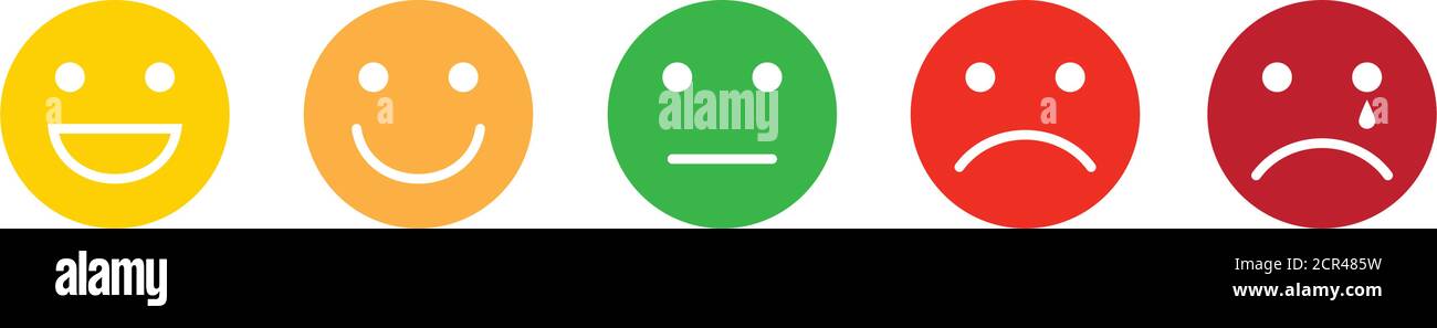 Satz von Emoji-Gesichtssymbolen. Vektor-Set von Farbe Emoticons. Traurige und glückliche Stimmung Ikonen. Stock Vektor