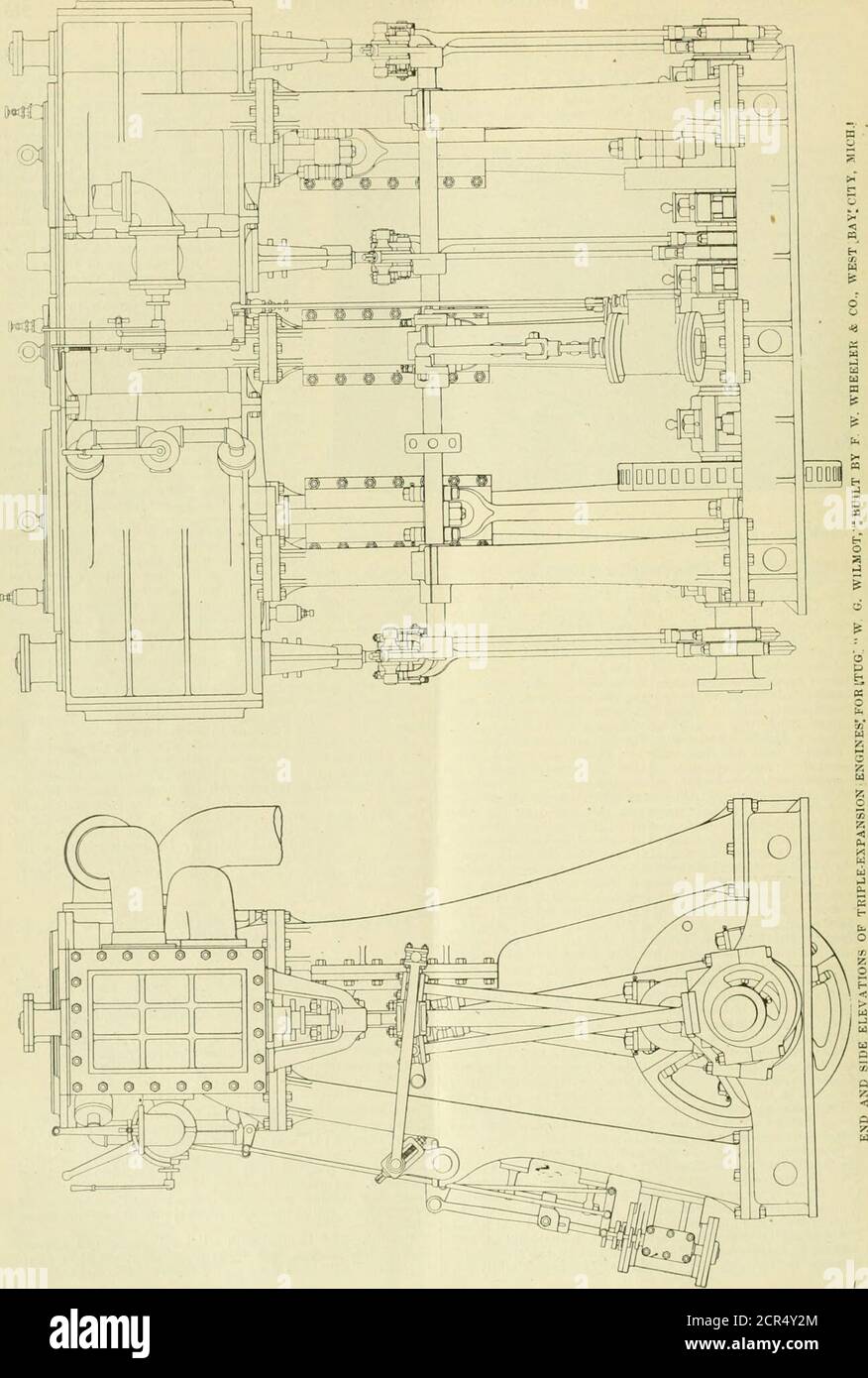 . Amerikanischer Ingenieur und Eisenbahnjournal. Gebaut von F. W.Wheeler & Co., von West Bay City. Mich, für einen Stahlschlepper, der zu Ehren ihrer eigenen Frau, W. ff. Wumot, aus New Orleans, La, benannt wurde. Die allgemeinen Abmessungen des Schiffes sind wie folgt: Länge über alle 110 ft. 6 Zoll Länge zwischen den Senkrechten 99 6 Balken, geformt 23 0 Tiefe, geformt 12 6 Tiefgang des Wassers 11 0 die Treibmaschine besteht aus einem invertierten, direkt wirkenden, oberflächenkondensierenden, dreifachen Expansionsmotor, mit Zylindern von 16 Zoll, 24 Zoll und 40 Zoll Durchmesser, Und ein Hub von 38 Zoll..Fahren einer rechtshändigen Schraube Propeller 9 ft. 6 Zoll Durchmesser, w Stockfoto