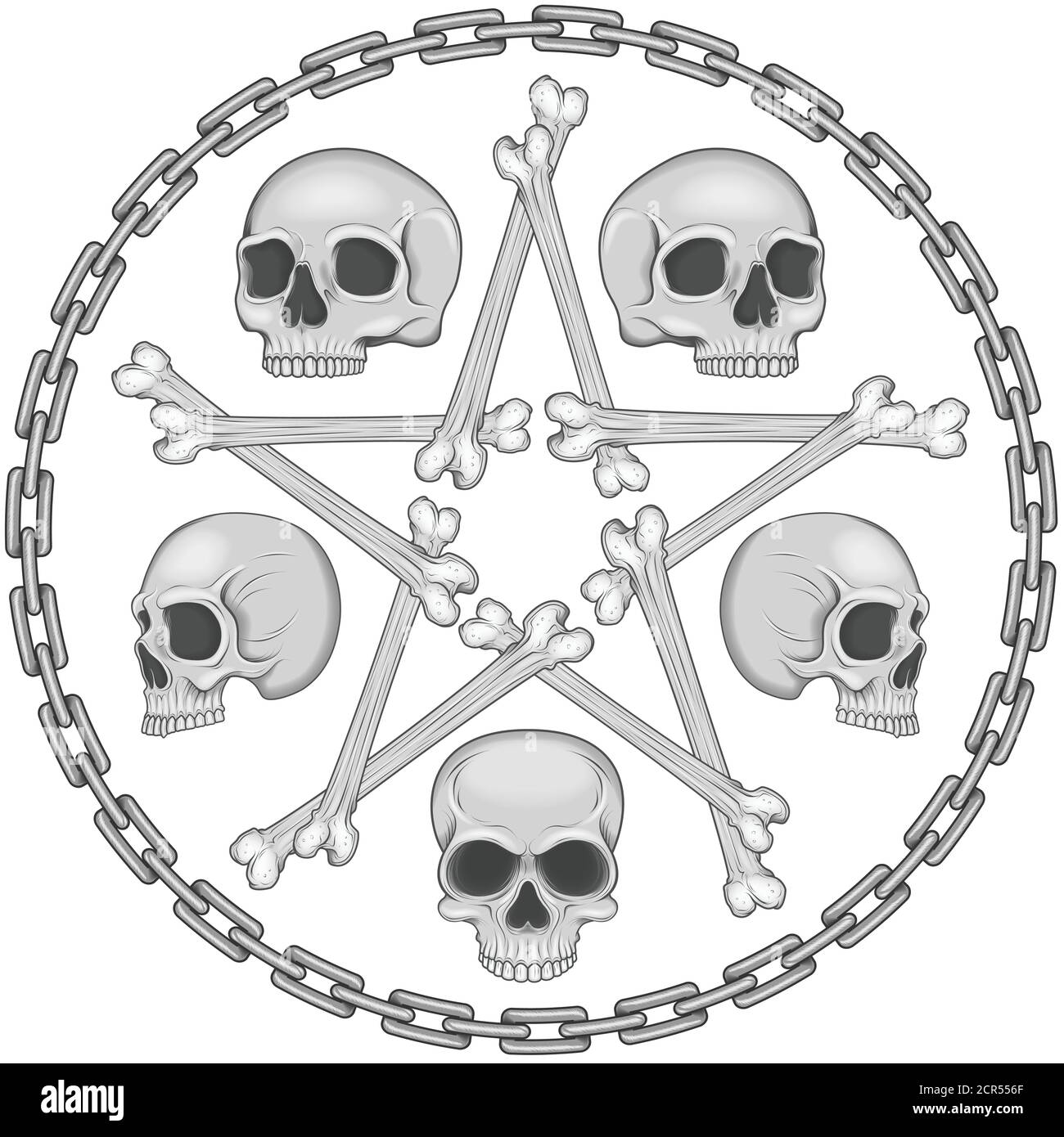Vektor-Illustration von Schädeln mit Knochen stara umgeben von einem Kettenkreis, mit Funkeln und Schatten, auf weißem Hintergrund. Stock Vektor