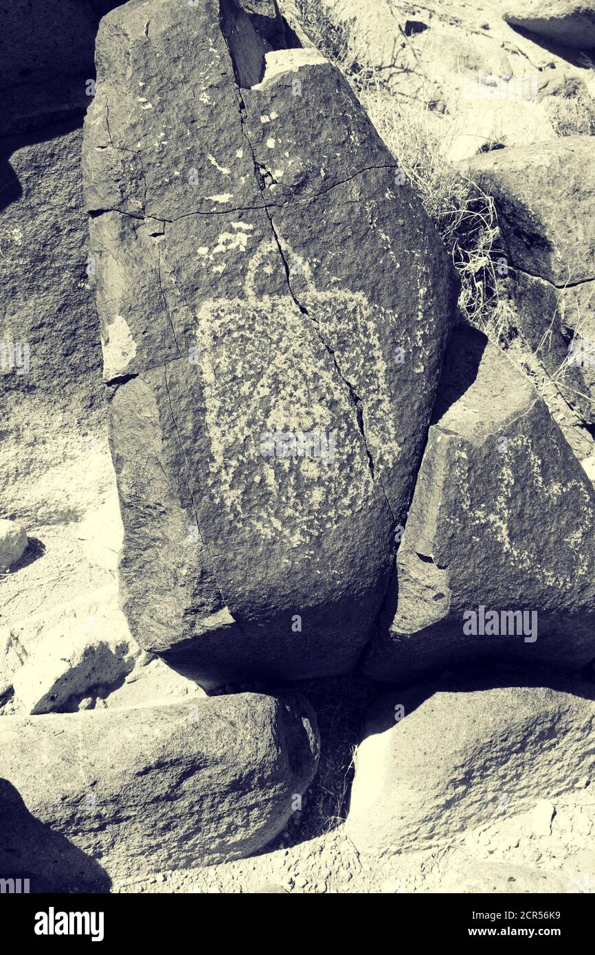 Three Rivers Petroglyph Site in New Mexico, prähistorische Jornada Mogollon Felskunst Stockfoto