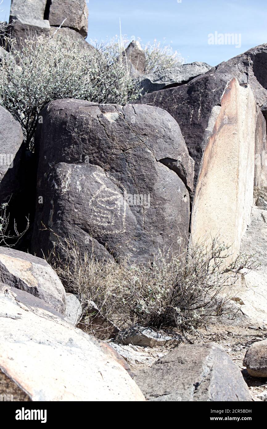 Three Rivers Petroglyph Site in New Mexico, prähistorische Jornada Mogollon Felskunst Stockfoto
