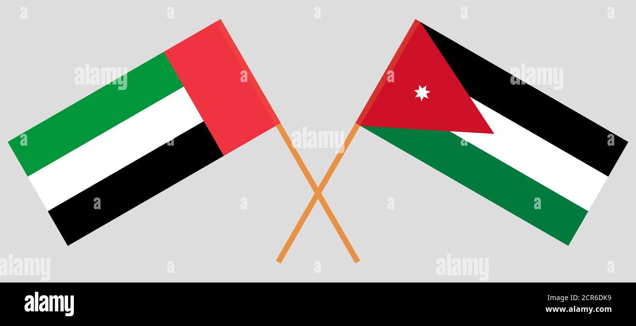 Gekreuzte Flaggen von Jordanien und den Vereinigten Arabischen Emiraten. Offizielle Farben. Korrektes Verhältnis. Vektorgrafik Stock Vektor