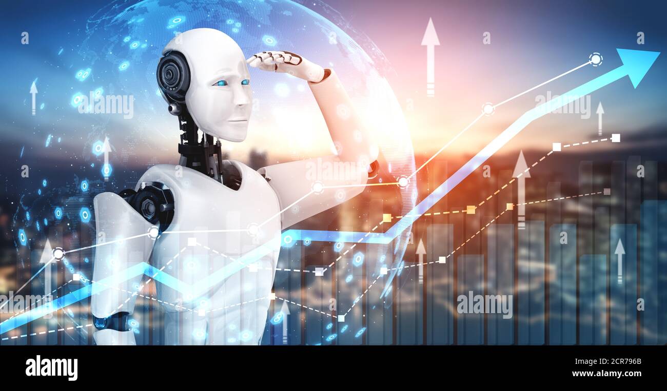Geschäftswachstumskonzept durch den Einsatz von KI-Robotern und maschineller Lerntechnologie zur Datenanalyse und Beratung bei der zukünftigen Investitionsplanung für Unternehmen. 3D Stockfoto