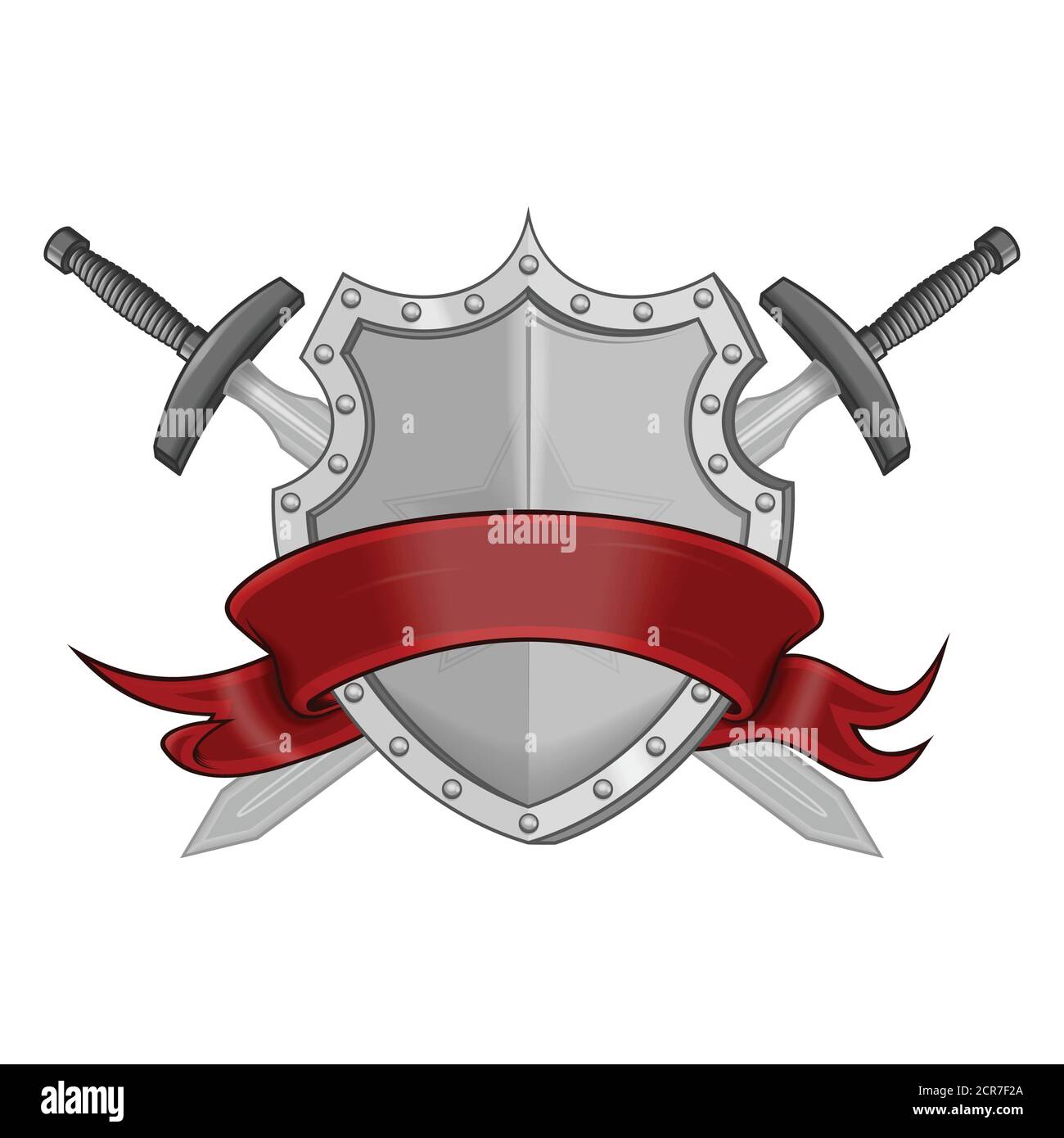Illustration des Wappens mit Bändern und zwei Schwertern, alles auf weißem Hintergrund Stock Vektor