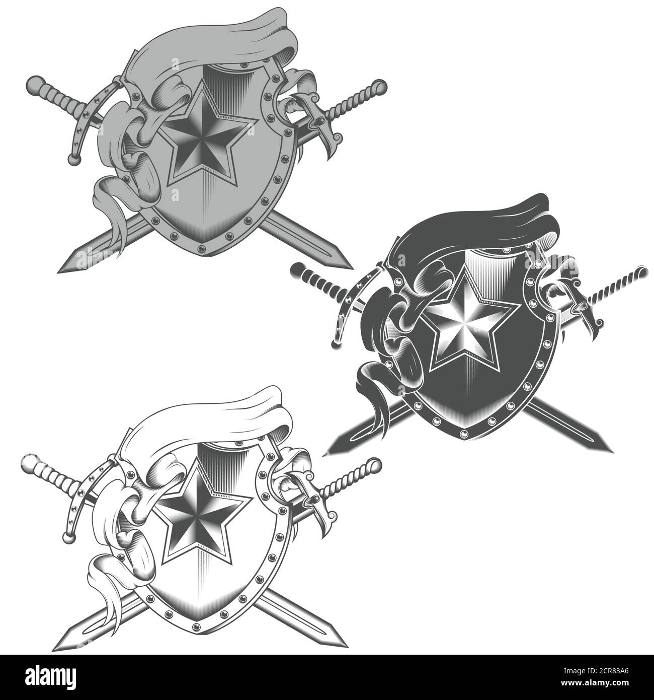 Abbildung des Wappens mit Bändern und zwei Graustufen Schwerter alle auf weißem Hintergrund Stock Vektor