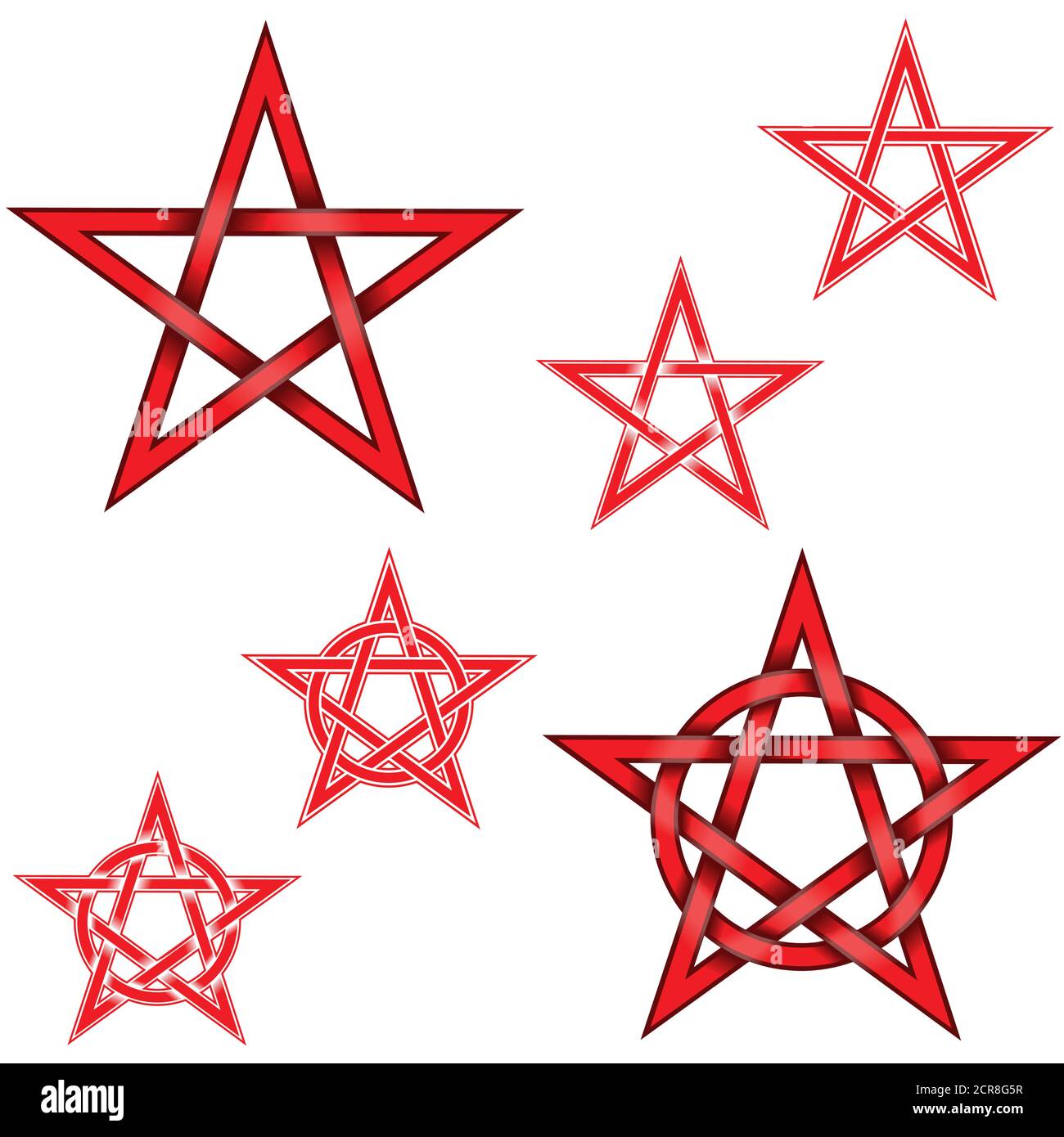 Illustration von 6 verflochtenen Pentagramm-Sternen mit einem Kreis, in rot, alle auf weißem Hintergrund, einfach zu ändern Farbe und Verwendung Stock Vektor