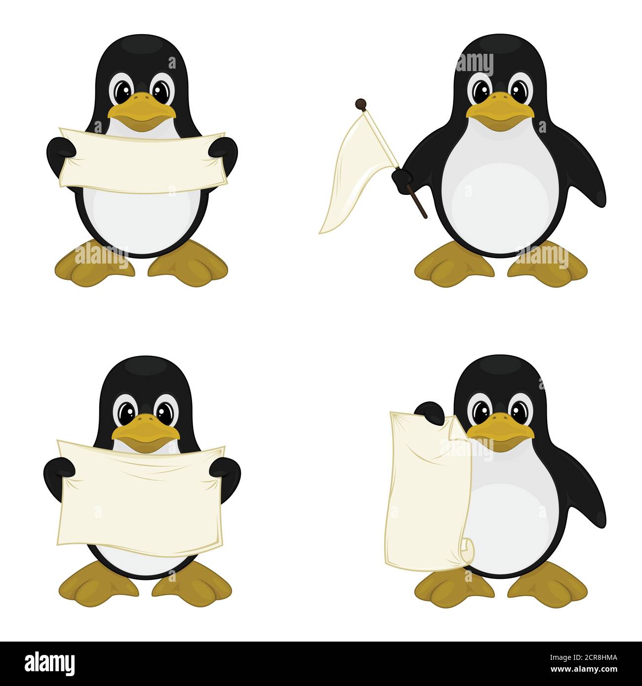 Vektor-Design von vier niedlichen Pinguine halten Zeichen, ästhetische Cartoon, auf einem weißen Hintergrund Stock Vektor