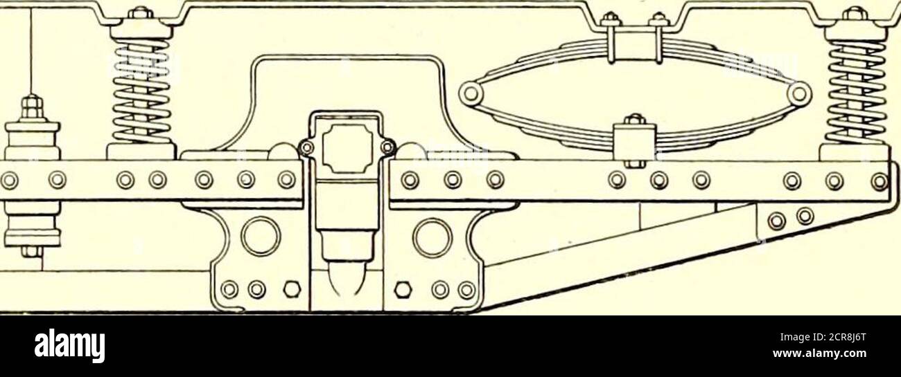 . Die Straßenbahn Zeitschrift . SEITENANSICHT DES RAHMENS DES FREITRAGENDEN LKW der Zylinder zurück zum vorderen Antriebsradsockel, darüber hinaus ist es für die Verteilung auf die anderen Räder reduziert. Aber es gibt Positionen der Kurbel, wenn der ganze dieser enormen forcemust durch den Rahmen zurück zum Hauptantrieb Radstand getragen werden, ein Abstand von 12 ft., so dass der Rahmen mit allen Elementen einer Säule, die in der Lage, diese Belastung ohne Knicken zu ertragen konstruiert werden. Unter solchen Umständen ist es wesentlich, dass der Rahmen ein hohes Maß an lateraler, sowie vertikaler Steifigkeit haben sollte. Der Stockfoto