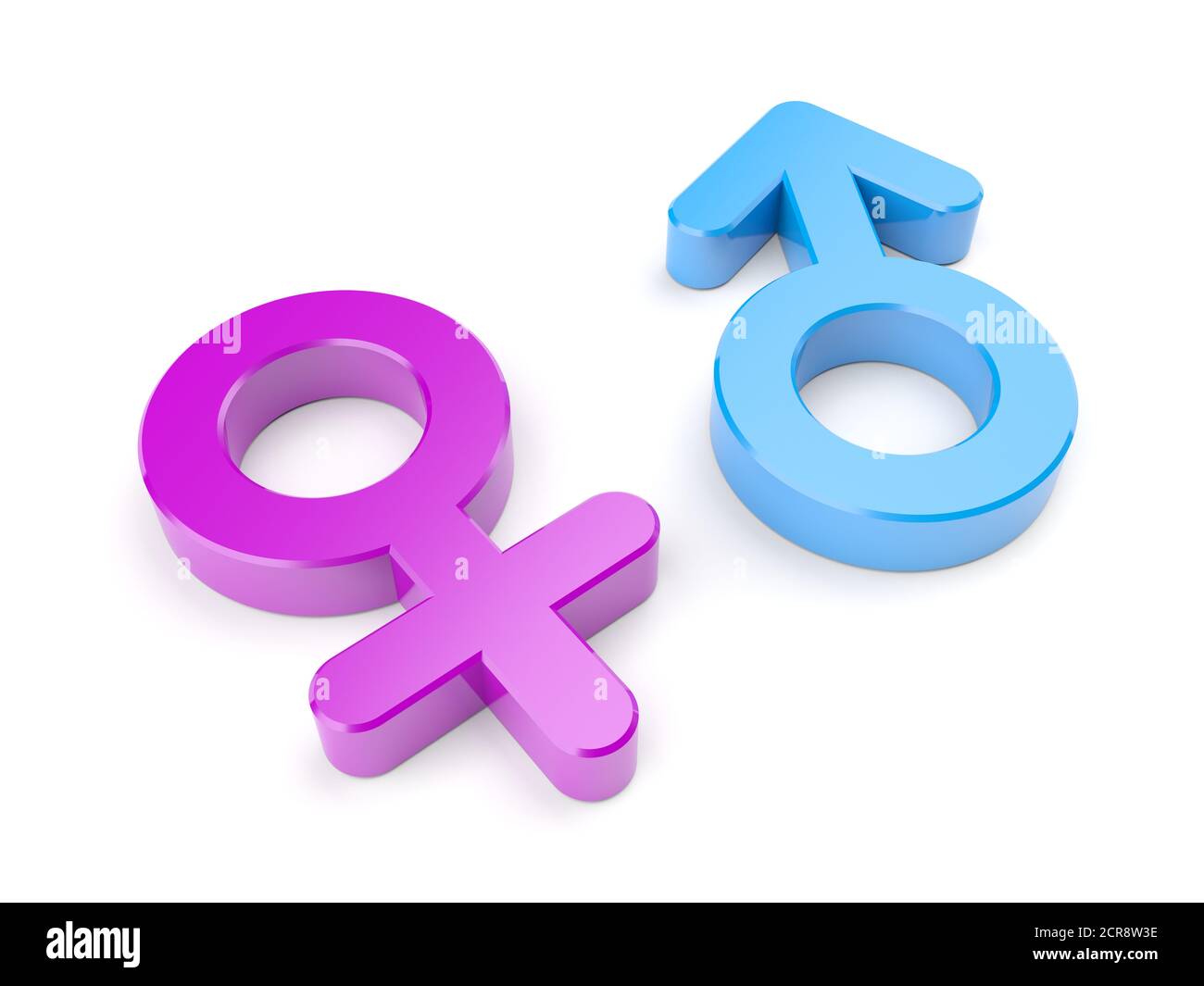 Auf weißem Hintergrund isolierte Geschlechtersymbole. Männlich weiblich. Rosa und Blau. 3d-Illustration. Stockfoto