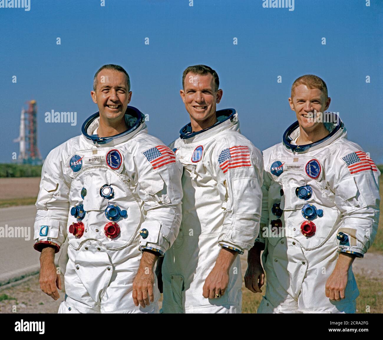 Prime Crew der Apollo 9 Mission. L und R, sind James A. McDivitt, David R. Scott, und Russell L. Schweickart Stockfoto