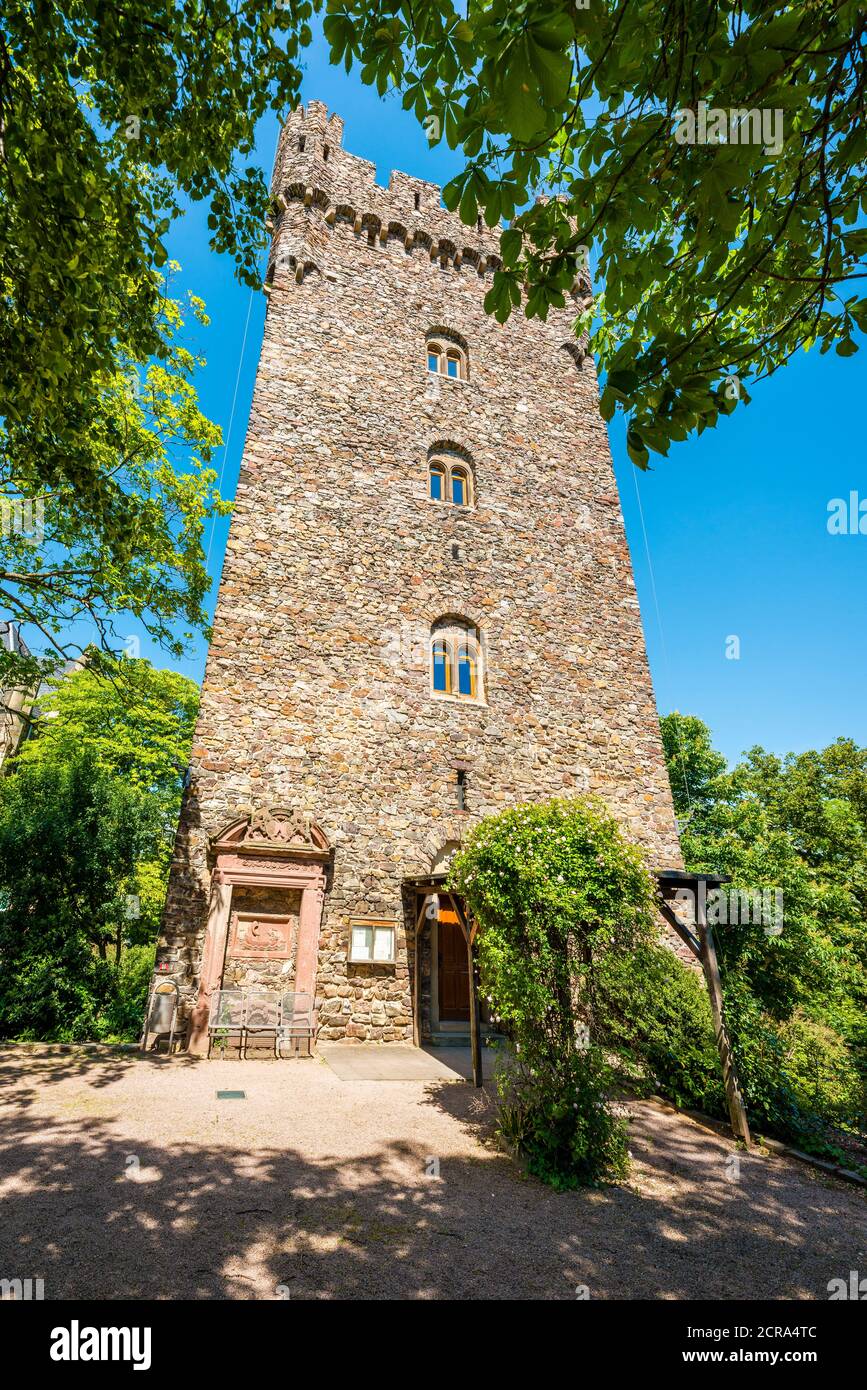 Schloss Klopp bei Bingen am Rhein, umgeben von Weinbergen, Hügelburg mit gut erhaltener historischer neugotischer Architektur, UNESCO World Stockfoto