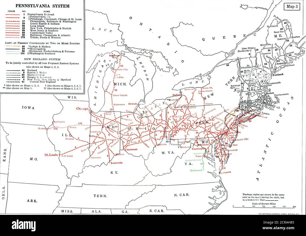 . Ein Plan für Eisenbahnkonsolidierungen, einschließlich einer Diskussion über ihren Zweck und ihre Durchführbarkeit. WORKS, BUFFALO, ■ PENNSYLVANIA SYSTEM NO. NAME 1 Pennsylvania Railroad ■ i Pennsylvania Co. ( Pittsburgh, Cincinnati, Chicago & St. Louis ■ 17 Philadelphia, Baltimore & Washington89 Grand Rapids & Indiana ■ 22 Long Island . 42 New York, Philadelphia & Norfolk ■ 35 West Jersey & Seashore ■ 48 Cumberland Valley ■ 68 Baltimore, Chesapeake & Atlantic172 Toledo, Peoria & Western Lines derzeit von zwei oder mehr Systemen kontrolliert 56 *Lehigh & Hudson ■ 59 **Monongahela - 88 tRichmond, Fredericksburg & P Stockfoto