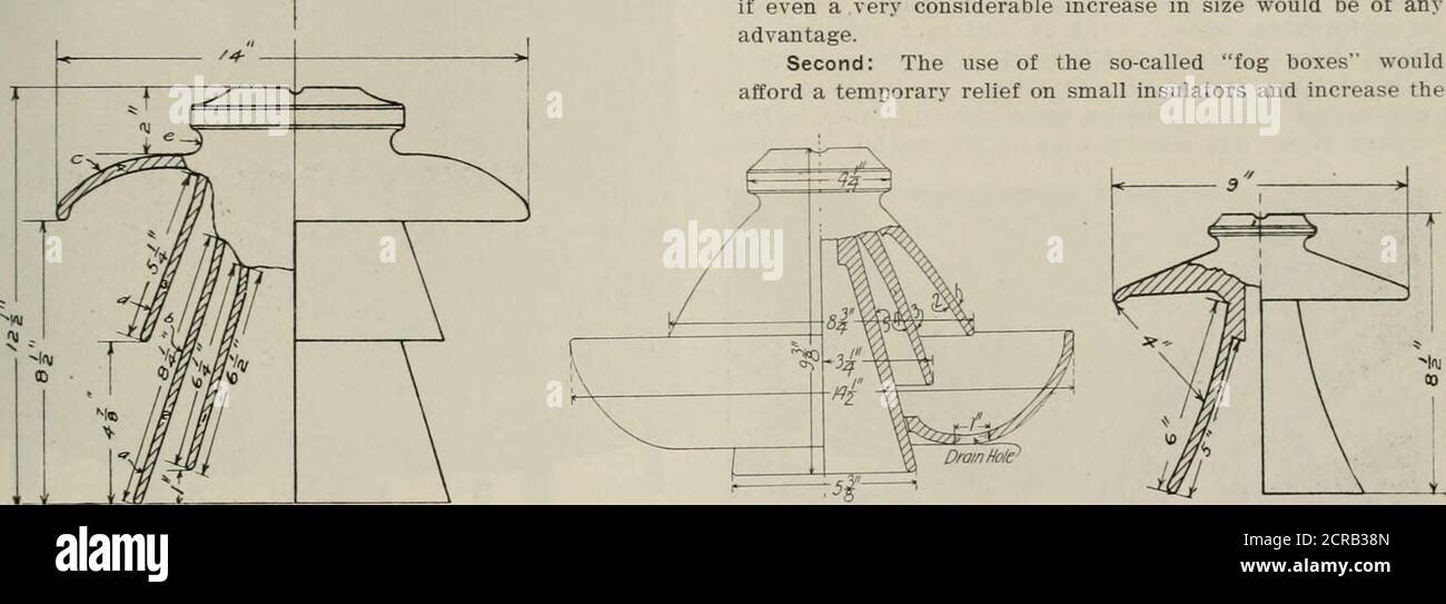 . Electric Railway Review . auf der 9-Zoll-Nebelboxisolator. Kein Ergebnis. Porzellan Nebelschale Isolator arcedover bei 55,000 Volt, wenn der mittlere Petticoat entfernt wurde.bei allen Petticoats auf gab es keine Wirkung. Neun-Zoll-Isolator mit einem dünnen Film von feuchtereisten etwa 4S bedeckt.000 Volt, aber über bei etwa 55,000 Volt arced. Kriechstrecke. Auf der Oberfläche eines sauberen, trockenen Petticoat bildeten 35,000 Volumten einen Bogen in einem Abstand von 3.25 Zoll; 57,000 Volt formedan Bogen in einem Abstand von 5.50 Zoll. Schlussfolgerungen. Aus sorgfältigen Beobachtungen der Tests, kurz skizziert,wurden die folgenden Schlussfolgerungen gezogen Stockfoto