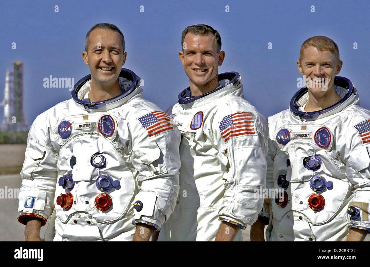 (18. Dezember 1968) Portrait des Apollo 9 prime Crew in Ihrem Raum passt. Von links nach rechts sind dies: Commander, James A. McDivitt, Command Modul Pilot, David R. Scott, und Lunar Module Pilot, Russell L. Schweickart. Stockfoto
