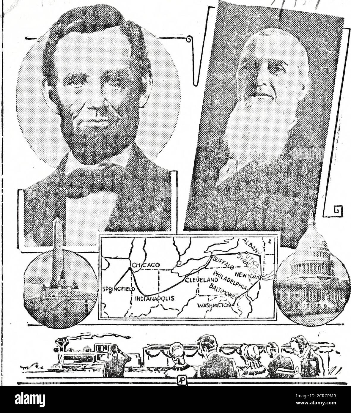 . Die Ermordung von Abraham Lincoln . guntil der Zug vorbei war. Die Cortegewas geben Vorfahrt über alle anderen Verkehr. Als wir das Depot bei Syra-Cuse erreichten, wurde der Zug von der bedrückenden Demonstration begrüßt, die ich je gesehen habe, erinnert sich Wriggson. Der Bahnhofsstall war mit den Farben und schwarzen Girlanden bedeckt. Eine immense, stille Schar wartete eine Stunde, um die Cortege zu erblicken. Es gab fünf Autos im Zug, die Mitglieder des Lincoln-Fam-ily, Regierungsbeamte, den Bankett und Zeitungsmänner trugen. Sie waren die ersten Pullmans, die auf einer New YorkCentral Strecke gelaufen sind. Die Vorderseite des e Stockfoto