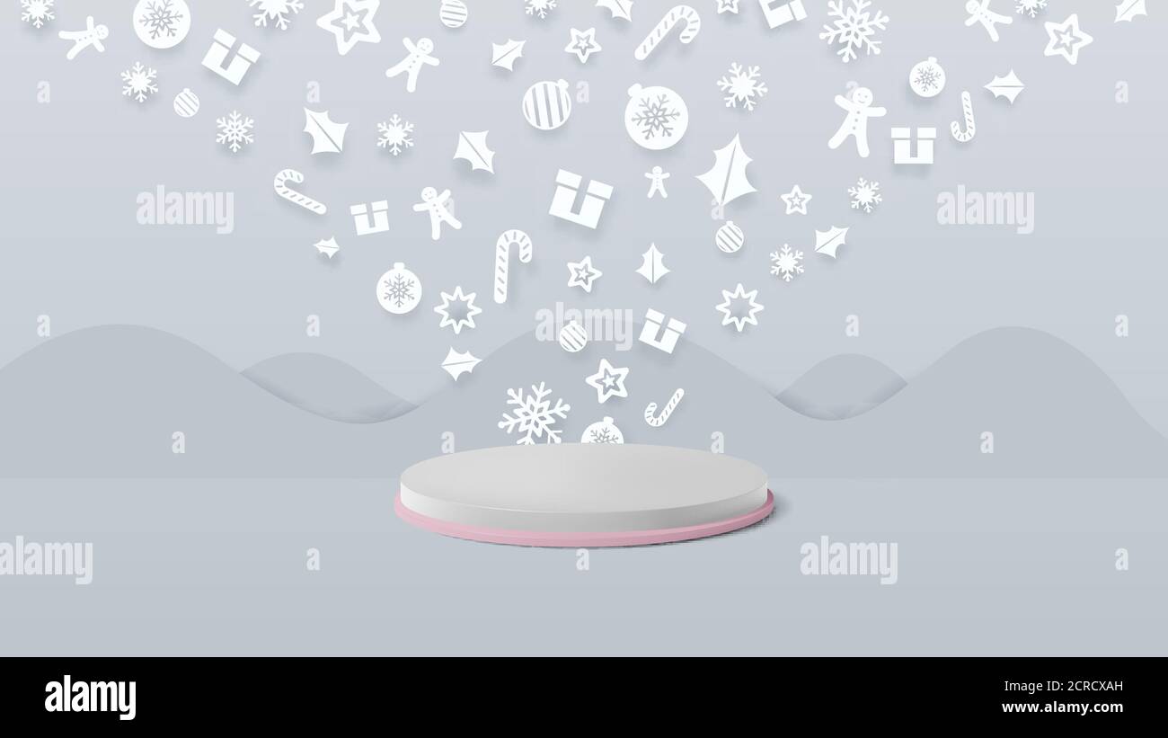 3d-weißes Podium-Display mit flachen geometrischen Form weihnachtsornamenten. Vektorgrafik Stock Vektor