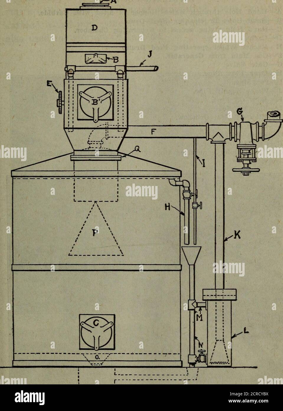 . Betrieb von Zügen und Bahnhofsarbeiten und Telegrafie . A – Gashalter.B – Tank des Gashalters.C – Glocke des Gashalters.CI – Einlass zum Gashalter. C2 – Auslass vom Gashalter.D – Tropfentöpfe.DL – 4 Hauptanschluss zum Halter.D2 – 4 Hauptrücklauf. Diese Pläne im Detail gelten für alle Ladesysteme gebaut für dieses System der Beleuchtung, die verschiedenen Größen variieren natürlich, entsprechend der Kapazität der Anlage HEIZUNG UND BELEUCHTUNG AUTOS 159. ABB. 66. ALLGEMEINER ACETYLENGENERATOR. ERLÄUTERUNGEN SIEHE SEITE 160. 160 REGELN FÜR DIE BEWEGUNG VON ZÜGEN ERKLÄRUNG DER ABB. 66. A – Handloch, durch das der Hopper mit Hartmetall gefüllt wird. B – Handloch für Stockfoto