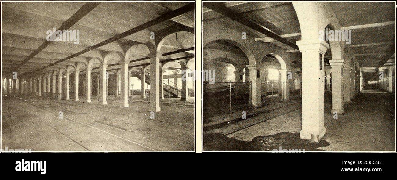 . Elektrische Eisenbahn Zeitschrift . BLICK INNERHALB DER BRÜCKE – LINKS IN DIE BETONBÖGEN; RECHTS IN DEN STAHLBOGEN. LADESTATIONEN – LINKS, SUPERIOR AVENUE END; RECHTS, Detroit AVENUE END Track und Overhead Construction auf Clevelands New High Level Bridge, die die östlichen und westlichen Abschnitte der Stadt verbindet (die elektrischen Bahngleise, jetzt vier in der Zahl, sind auf der unteren Ebene, die breit genug für zwei zukünftige U-Bahn-Gleise ist auch.) 27. Juli 1918 Männer und Munitionen hängen vom Transport ab 145 der Bau der elektrischen Eisenbahn auf der Detroit-Superior Bridge Cleveland, Ohio, ist abgeschlossen Stockfoto