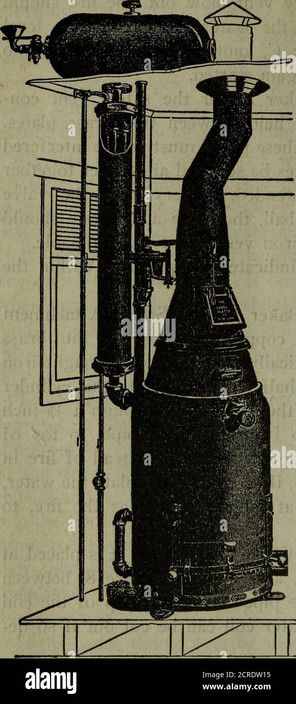 . Betrieb von Zügen und Bahnhofsarbeiten und Telegrafie. Manometer zeigt den Druck im Heizgerät an. Der neue Stil der Baker Heizung Dampf Attachmentbesteht aus vier ^-Zoll-Kupferrohre verschraubt in Brassfittings, und vertikal in einem 3-Zoll-Schmiedeeisenzylinder, drei und eine halbe Fuß lang platziert. In diesen Zylinderdampf wird von der Lokomotive durch ein ^-inchstelrohr aufgenommen, das Trom das Bahnrohr hinauf führt, bis zum Zylinderoberteil. Durch diese Anordnung wird Dampf statt Feuer in der Baker-Heizung verwendet, wenn gewünscht, um das Wasser zu zirkulieren, oder Dampf kann zur gleichen Zeit wie die Tanne verwendet werden Stockfoto