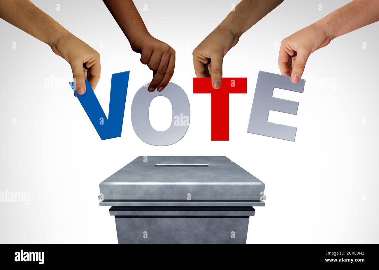 Präsidentenwahl Abstimmung und Wahl Vielfalt Konzept als verschiedene Hände Gießen Stimmzettel in einem Wahllokal als ein demokratisches Recht in einer Demokratie. Stockfoto