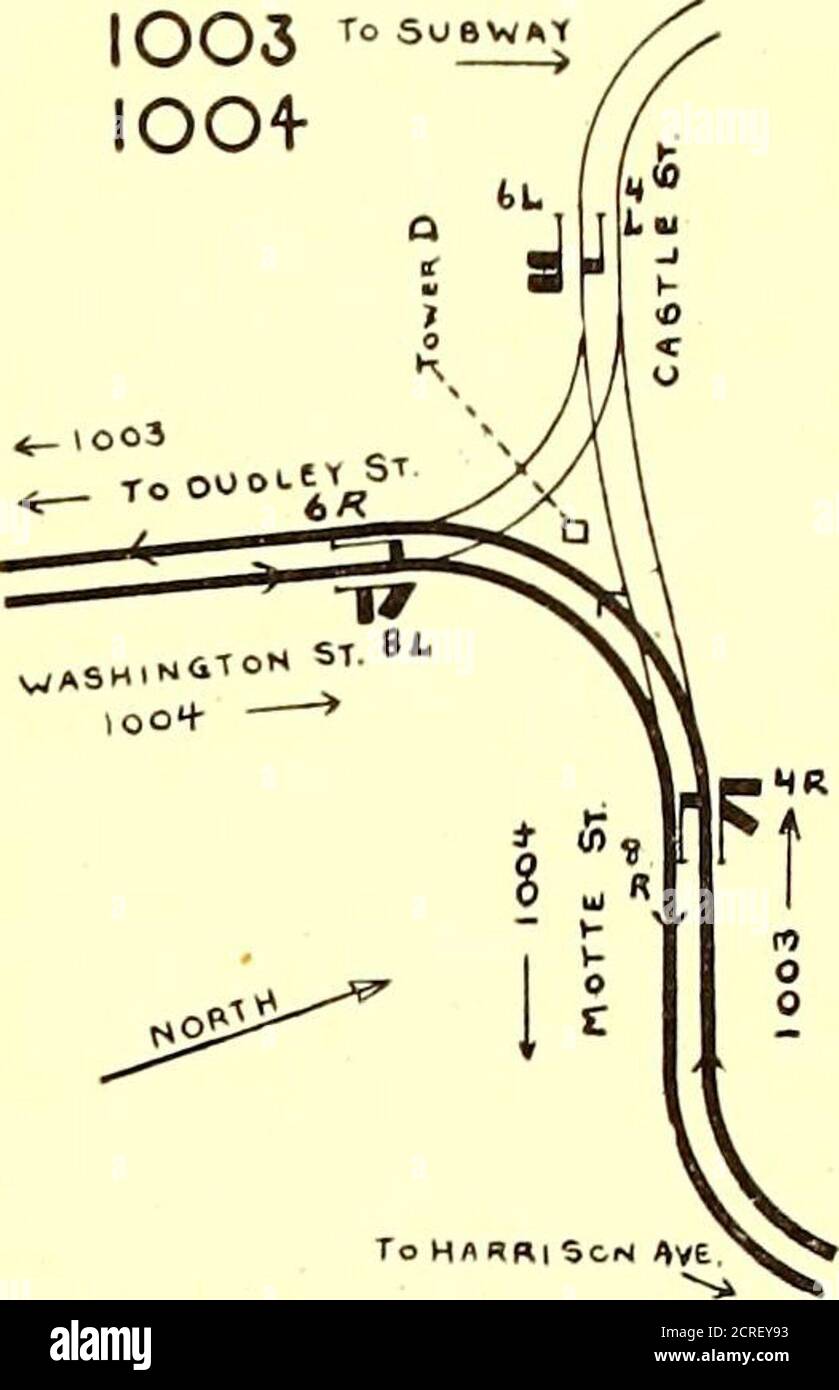 . The Street Railway Journal . antic und durch U-Bahn, mit amovement entweder Roxbury oder Charlestown endet, Aregreen für U-Bahn Süd, Atlantik Nord, und gelb fürU-Bahn Nord, Atlantik Süd. Solche sind Runs 1005, 1006,1014a, etc. Diese Runs sind nützlich bei der Aufräumung U-Bahn congestionand geben Service zwischen den beiden großen Union Stationen, Nord und Süd, während die Auswirkungen der Innen-und Außenbewegung so wichtig in Stoßzeiten. Läufe wie lOiund 1003 sorgen für durch Highspeed-Reisen zwischen den verschiedenen Terminals. Die Verriegelungssignale werden elektrisch über Hebel im Schlepptau gesteuert Stockfoto