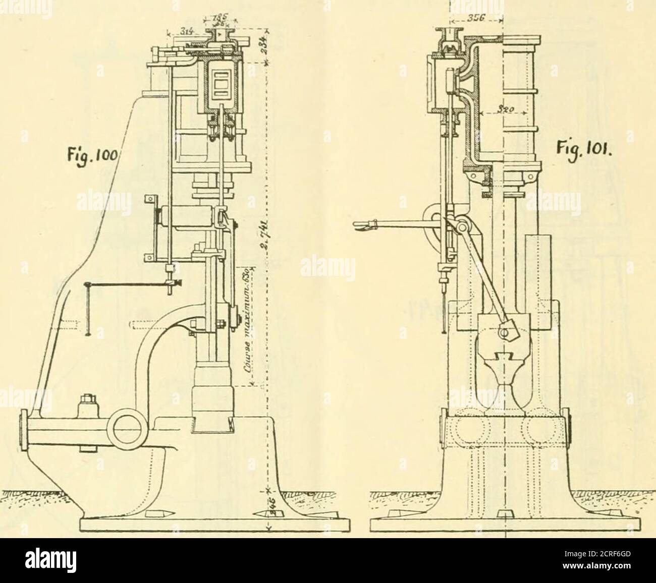 . Die Eisenbahn- und Ingenieurzeitschrift . DIE BEMENT 360-KILO. HAMMER. Flaches D-förmiges Ventil. Der Hammer arbeitet direkt an einem Arm eines Hebels, dessen anderes Ende auf den j/Alve-Stab wirkt.der obere Teil dieses Hebels ist exzentrisch auf einem kleinen Schaft fixiert, der auch durch eine Hand bearbeitet werden kann.der Durchmesser des Dampfzylinders beträgt 320 mm., Und der Maximalhub des Hammers beträgt 630 mm. Wenn der Typ des Hammers beabsichtigt ist, die gewöhnlichen Schmiedestücke derautomatischen Bewegung und das fiat-Ventil zu machen, werden durch das CIR- 30 DIE EISENBAHN UND [Januar 1889 ersetzt. Stockfoto
