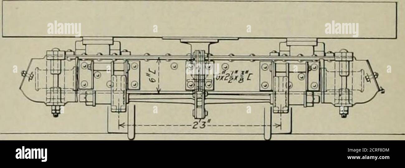 . Eisenbahnmechaniker . Die Trucl< und Details der Lastaufhängung der horizontale Flansch des Winkels wird nach außen gedreht, so dass kein Staub oder ein Teil der Last auf die Führungsschiene fallen kann. Die Teach-Seite der Tür ist eine Kanalschwelle, die so angeordnet ist, dass die Bahn unter der Schiene verläuft, während die Stifte der Rollen zum äußeren vertikalen Flansch Fi.xed sind. Die Schiebetüren sind unabhängig von einer einzelnen Reduktionswinde, mittels Ketten und Zahnrädern, verbunden. Die Winden werden von beiden Seiten des Wagens durch kurze Griffe betätigt, die auf die Vierkantmuttern an jedem Ende der Drehwellen passen Stockfoto