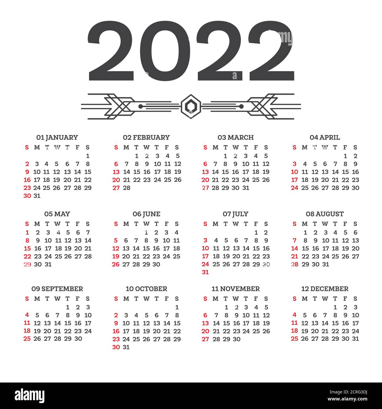 Kalender 2022 isoliert auf weißem Hintergrund. Woche beginnt ab Sonntag. Vektorgrafik. Stock Vektor