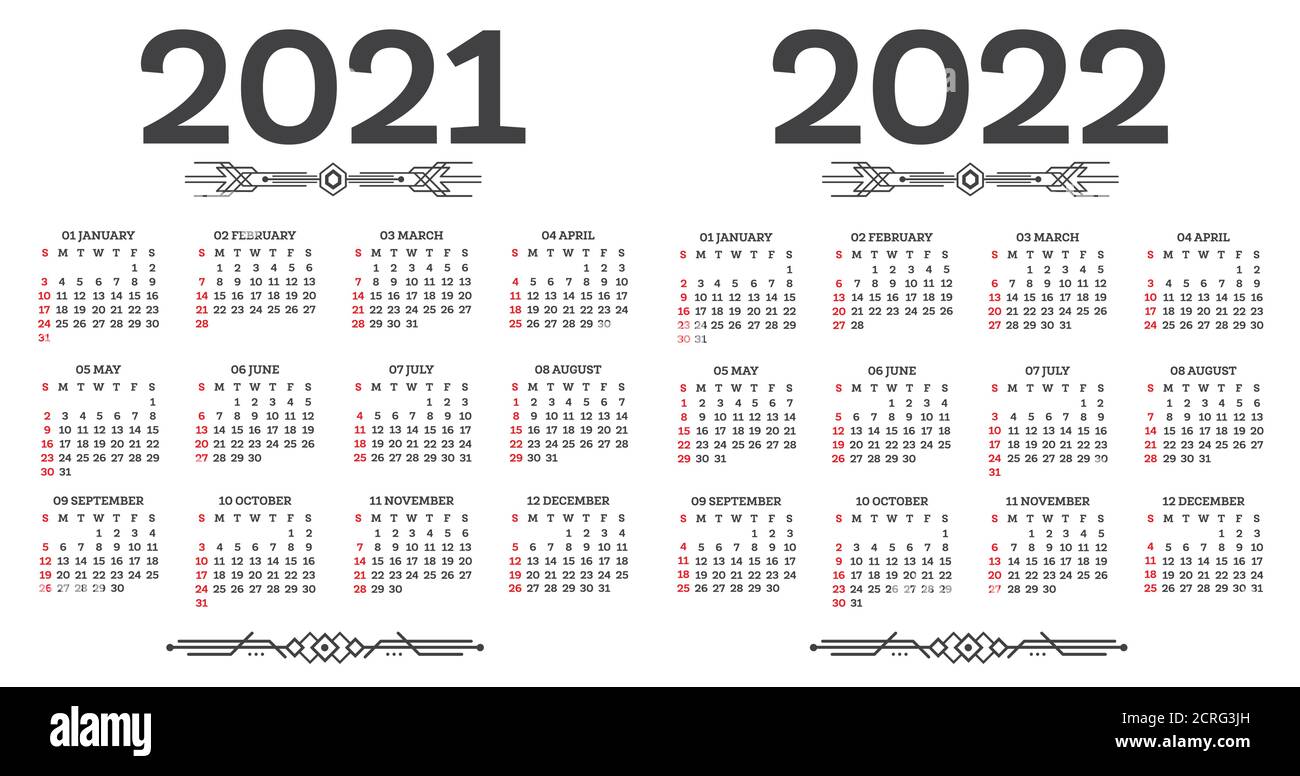Kalender 2021 2022 isoliert auf weißem Hintergrund. Woche beginnt ab Sonntag. Vektorgrafik. Stock Vektor