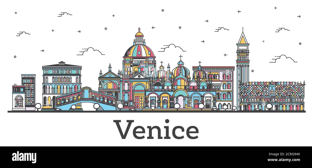 Skizzieren Sie Venedig Italien City Skyline mit farbigen Gebäuden isoliert auf Weiß. Vektorgrafik. Stadtbild von Venedig mit Wahrzeichen. Stock Vektor