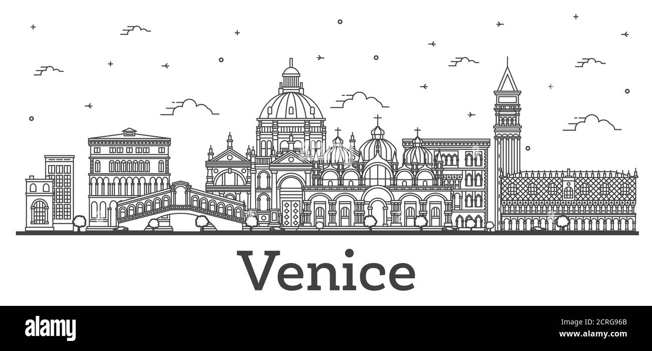 Skizzieren Sie Venedig Italien City Skyline mit historischen Gebäuden isoliert auf Weiß. Vektorgrafik. Stadtbild von Venedig mit Wahrzeichen. Stock Vektor