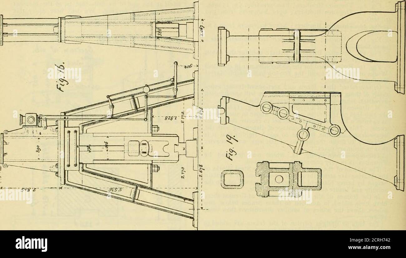 . Die Eisenbahn- und Ingenieurzeitschrift . %. -^3. I. der Arbel 40-Tonnen-Hammer (die Abb. L 20, S. Hier haben wir :/   4.8 X 59-4. 4- 13-6 X 45-8= -I- 3. X 43.4 - 46 X 41. 12 x 29.7 ^4.474. Das Biegemoment ist wie folgt: 7 195 X 240 435 X 107 – 4,474 /&gt;  o7 P = R X 600 = 4,474 X 2,684,400 = 2,684,400, ^ P =^- 25,000 – =  . 107 ^ ^ das Verhältnis zwischen dieser Last P und dem Gewicht der Werkstücke ist dann : 25,090 = 0,62725. 40,000 Da es zwei Säulen gibt, eine auf jeder Seite, so kommt dieses Verhältnis 0.62725 X 2 = 1.2545 – das heißt, die beiden aufrechten Stützen sollten an dieser Stelle ohne Aussteigexperin tragen können Stockfoto