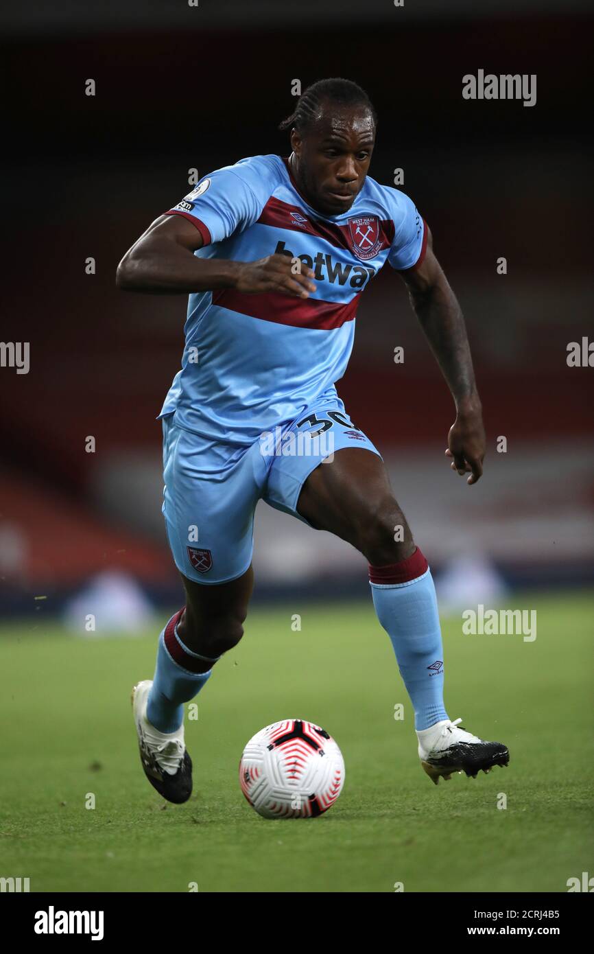 London, Großbritannien. September 2020. Michail Antonio (WHU) beim EPL-Spiel Arsenal gegen West Ham United, im Emirates Stadium, London, UK am 19. September 2020. Die Spiele der englischen Premier League werden immer noch hinter verschlossenen Türen gespielt, wegen der aktuellen COVID-19 Coronavirus-Pandemie und der staatlichen sozialen Distanzierungs-/Sperrbeschränkungen. Kredit: Paul Marriott/Alamy Live Nachrichten Stockfoto