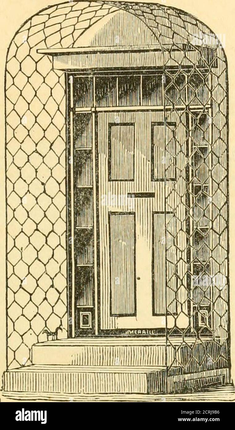 . Eine Abhandlung über Drahtzaun; zweifellos seine Überlegenheit zu jedem Artikel, der bisher verwendet wurde, zum Umschließen von Eisenbahnen, Kanälen, Feldern, Viehweiden, Gärten, Friedhöfen, Häern und für dekorative Gartenarbeit, Traube- und Rosenstrellisen usw., etc. .. . Nr. 5 ist 16 Zoll hoch, mit Netzen 3 Zoll quadratisch; es gibt twolaterale (außen) Drähte von Nr. 12 Draht; der Körper ist von Nr. 15. Es wiegt 4Jlbs., und ist 75 Cent pro Stange. Es wird für dekorative Gartenarbeiten und alle Arten von Trellises verwendet, sowie für niedrige Zäune, Grenzen und für sur-Montage Zäune, wie in der Schnitt gesehen. EINE ABHANDLUNG Stockfoto