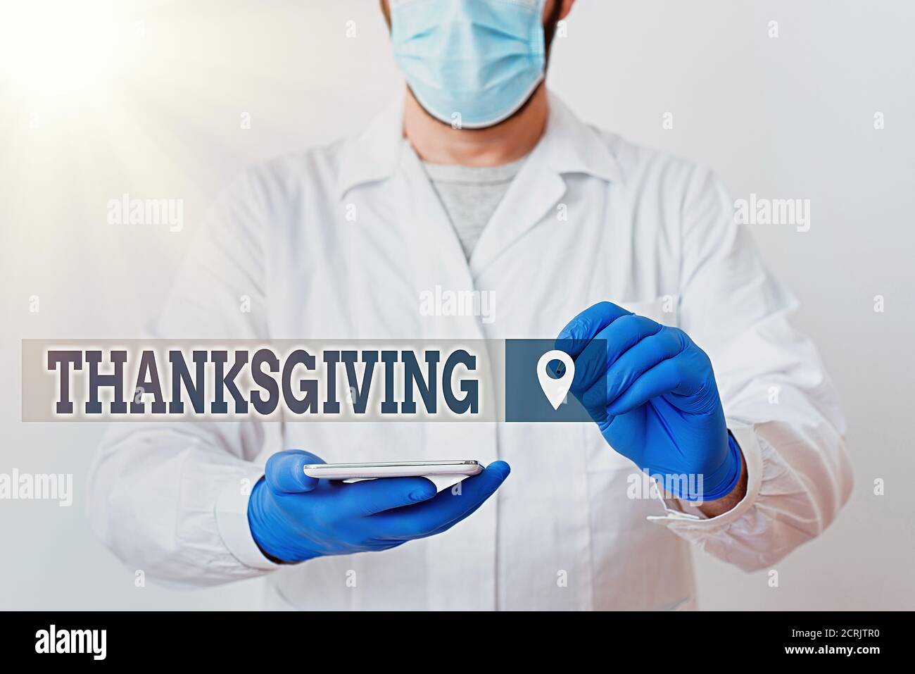 Handschrift Text Thanksgiving. Konzeptionelle Foto öffentliche Anerkennung oder Feier der göttlichen Güte Laboratory Technician mit leeren Sticker Stockfoto
