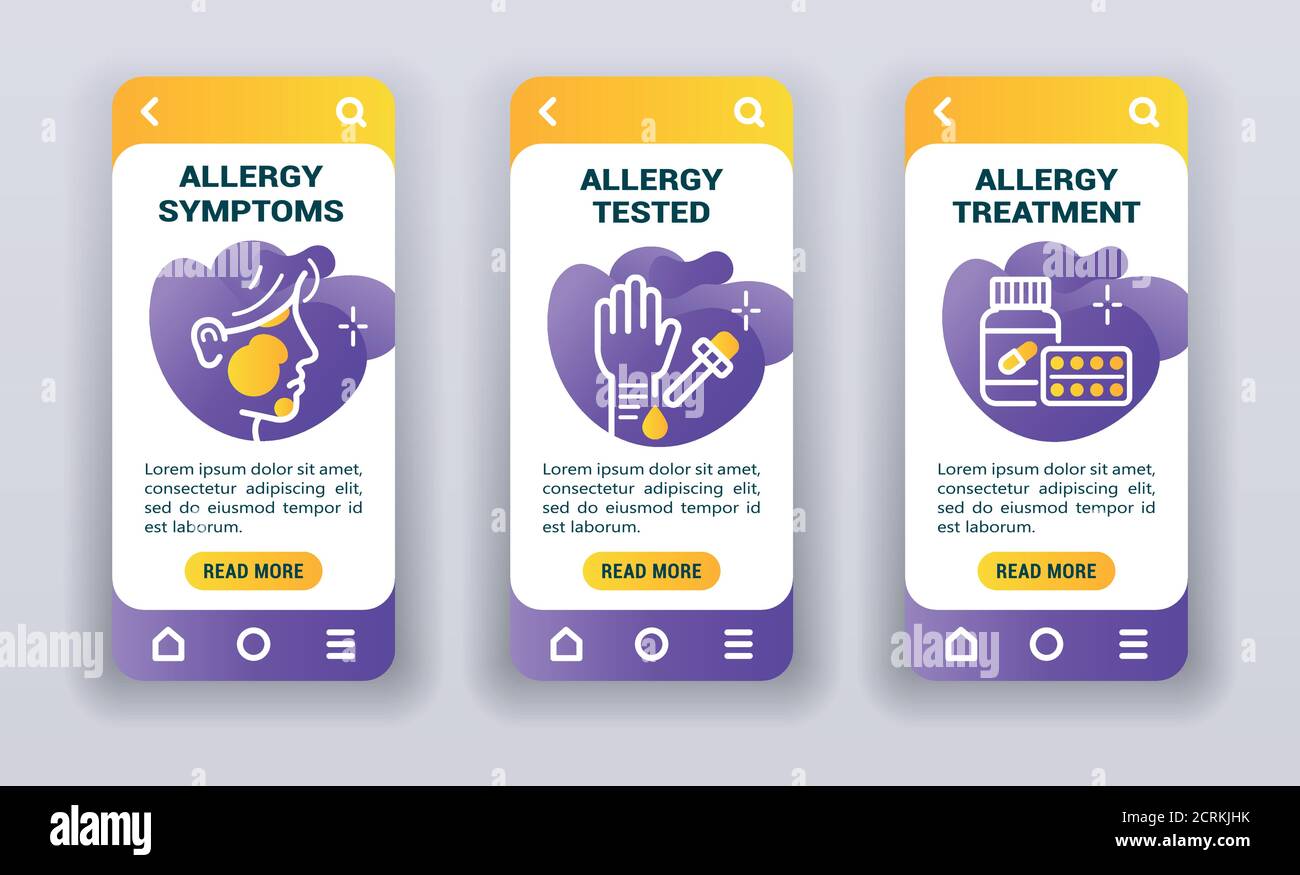 Allergy Mobile App Screen Kit. Flache Abbildung isoliert. Stock Vektor