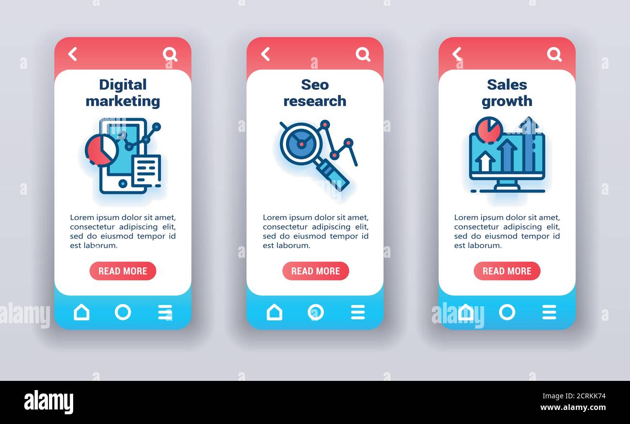 Marketing auf den Bildschirmen für das Onboarding von mobilen Apps. Banner für die Entwicklung von Websites und mobilen Kits. Stock Vektor